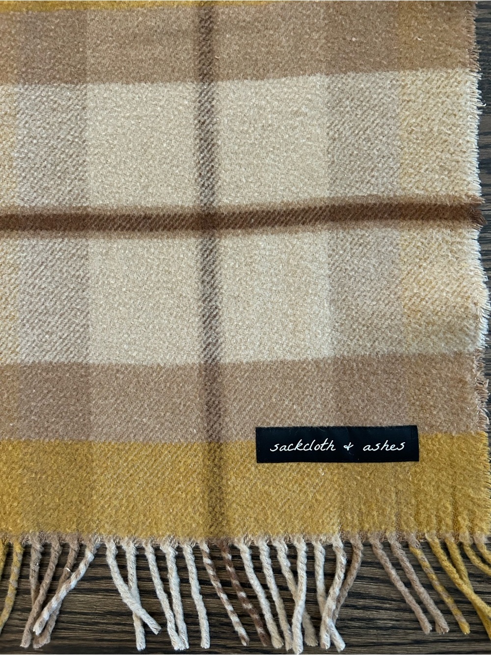 Sackcloth & Ashes Cream and Tan Plaid Fringe Throw